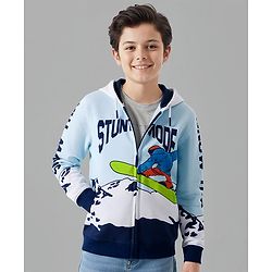 Pine Kids Cotton Knit Full Sleeves Hooded SweatJacket with Surfing Print - Light Blue