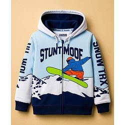 Pine Kids Cotton Knit Full Sleeves Hooded SweatJacket with Surfing Print - Light Blue
