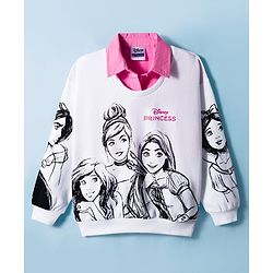 Pine Kids Disney Terry Knit Full Sleeves Collar Overlapped Pullover Sweatshirt with Disney Princess Graphics - White