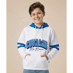 Pine Kids Cotton Knit Full Sleeves Hooded Sweatshirt With Text Print - White