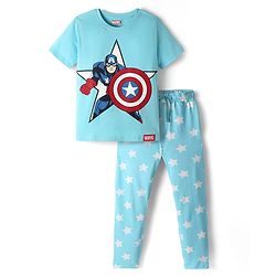 Pine Kids Marvel Single Jersey Knit Half Sleeves Night Suit with Captain America Graphics - Light Blue
