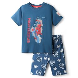 Pine Kids Marvel Single Jersey Knit Half Sleeves Shorts Night Suit with Spider Man Graphics - Navy Blue