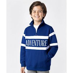 Pine Kids Cotton Knit Full Sleeves Cut & Sew Sweatshirt with Text Graphic & Kangaroo Pocket - Blue
