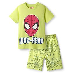 Pine Kids Marvel 100% Cotton Half Sleeves Shorts Night Suit With Spider Man Graphics - Lime Green