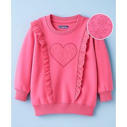 Pine Kids Cotton Knit Full Sleeves Sweatshirt with Heart Embroidery & Frill Detailing - Pink