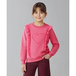 Pine Kids Cotton Knit Full Sleeves Sweatshirt with Heart Embroidery & Frill Detailing - Pink