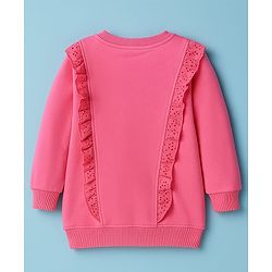 Pine Kids Cotton Knit Full Sleeves Sweatshirt with Heart Embroidery & Frill Detailing - Pink