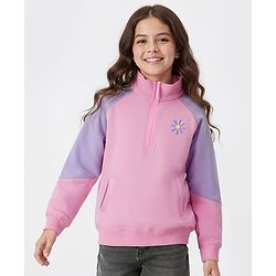 Pine Kids Cotton Knit Full Raglan Sleeves Sweatshirt With Floral Embroidery - Pink