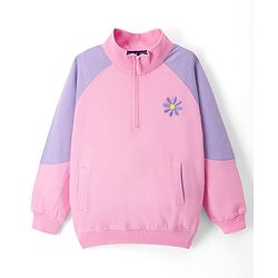Pine Kids Cotton Knit Full Raglan Sleeves Sweatshirt With Floral Embroidery - Pink