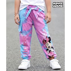 Pine Kids Disney Terry Knit Full Length Track Pant with Fabric Belt Minnie Mouse Graphic & Tie and Dye Detailing - Pink & Light Blue