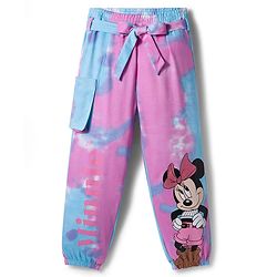 Pine Kids Disney Terry Knit Full Length Track Pant with Fabric Belt Minnie Mouse Graphic & Tie and Dye Detailing - Pink & Light Blue