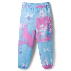 Pine Kids Disney Terry Knit Full Length Track Pant with Fabric Belt Minnie Mouse Graphic & Tie and Dye Detailing - Pink & Light Blue