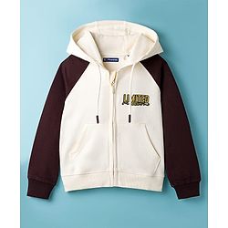 Pine Kids Cotton Knit Full Raglan Sleeves Hooded SweatJacket with Kangaroo Pocket & Foil Print - Multicolor