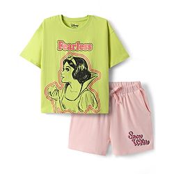 Pine Kids Disney 100% Cotton Oversized Drop Shoulder Half Sleeve Short Night Suit With Disney Princess Graphics - Light Green & Pink
