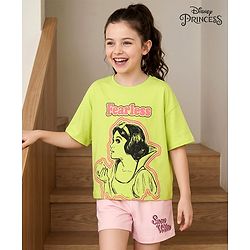 Pine Kids Disney 100% Cotton Oversized Drop Shoulder Half Sleeve Short Night Suit With Disney Princess Graphics - Light Green & Pink