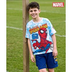 Pine Kids Marvel Single Jersey Knit Drop Shoulder Half Sleeves T-Shirt & Shorts Set with Spider Man Graphic - Blue