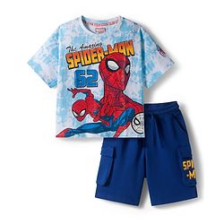 Pine Kids Marvel Single Jersey Knit Drop Shoulder Half Sleeves T-Shirt & Shorts Set with Spider Man Graphic - Blue
