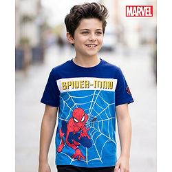 Pine Kids Marvel Single Jersey Knit Half Sleeves Cut & Sew T-Shirt with Spiderman Graphics - Blue