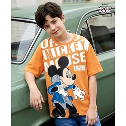 Pine Kids Disney Single Jersey Knit Oversized Drop Shoulder Half Sleeves T-Shirt With Mickey Mouse Graphics - Orange