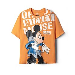 Pine Kids Disney Single Jersey Knit Oversized Drop Shoulder Half Sleeves T-Shirt With Mickey Mouse Graphics - Orange