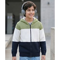 Pine Kids Knit Full Sleeves Hooded Front Open Sweater with Color Block - Multicolor