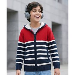 Pine Kids Knit Full Sleeves Hooded Front Open Sweater with Stripes & Pocket - Navy Blue & Red