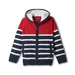 Pine Kids Knit Full Sleeves Hooded Front Open Sweater with Stripes & Pocket - Navy Blue & Red