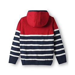 Pine Kids Knit Full Sleeves Hooded Front Open Sweater with Stripes & Pocket - Navy Blue & Red
