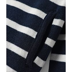 Pine Kids Knit Full Sleeves Hooded Front Open Sweater with Stripes & Pocket - Navy Blue & Red