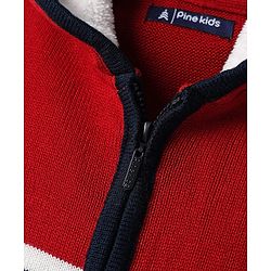Pine Kids Knit Full Sleeves Hooded Front Open Sweater with Stripes & Pocket - Navy Blue & Red