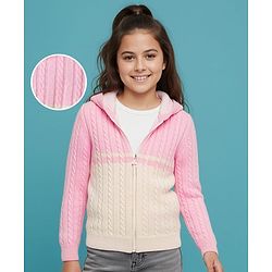 Pine Kids Knit Full Sleeves Front Open Hooded Sweater with Cable Knit Design - Pink