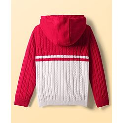 Pine Kids Knit Full Sleeves Front Open Hooded Sweater with Cable Knit Design - Red
