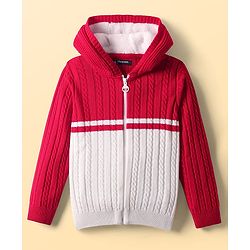 Pine Kids Knit Full Sleeves Front Open Hooded Sweater with Cable Knit Design - Red