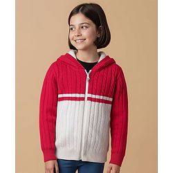 Pine Kids Knit Full Sleeves Front Open Hooded Sweater with Cable Knit Design - Red