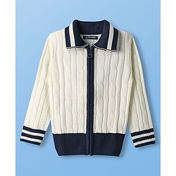 Pine Kids Knit Full Sleeves Front Open Sweater with Cable Knit Design - Off White