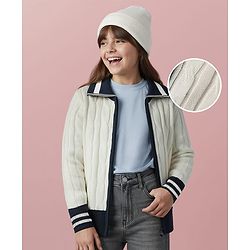 Pine Kids Knit Full Sleeves Front Open Sweater with Cable Knit Design - Off White
