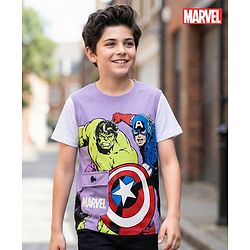 Pine Kids Marvel Single Jersey Knit Half Sleeves Overlapped T-Shirt with Avengers Graphics & Pocket Detailing - Lavender