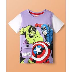 Pine Kids Marvel Single Jersey Knit Half Sleeves Overlapped T-Shirt with Avengers Graphics & Pocket Detailing - Lavender