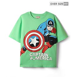 Pine Kids Marvel Single Jersey Knit Drop Shoulder Half Sleeves Oversized T-Shirt with Captain America Graphics - Green