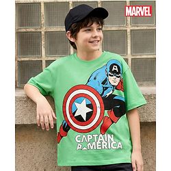 Pine Kids Marvel Single Jersey Knit Drop Shoulder Half Sleeves Oversized T-Shirt with Captain America Graphics - Green