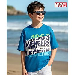 Pine Kids Marvel Single Jersey Knit Drop Shoulder Half Sleeves Oversized T-Shirt with Avengers Graphics - Blue