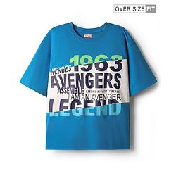 Pine Kids Marvel Single Jersey Knit Drop Shoulder Half Sleeves Oversized T-Shirt with Avengers Graphics - Blue