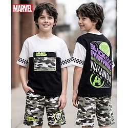Pine Kids Marvel Single Jersey Knit Half Drop Shoulder Sleeves Oversized T-Shirt & Shorts Set with Front & Back Black Panther Graphics & Pocket Detailing - Multicolor
