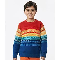 Pine Kids Cotton Knit Full Sleeves Pullover Sweater With Aztec & Colour Block Design - Multicolour