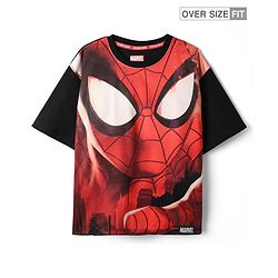 Pine Kids Marvel Single Jersey Knit Drop Shoulder Half Sleeves Oversized T-Shirt with Spiderman Graphics - Red & Black