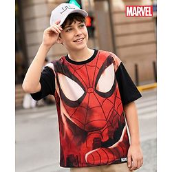 Pine Kids Marvel Single Jersey Knit Drop Shoulder Half Sleeves Oversized T-Shirt with Spiderman Graphics - Red & Black