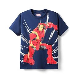 Pine Kids Marvel Single Jersey Knit Half Sleeves T-Shirt with Front and Back Iron Man Graphic - Navy Blue