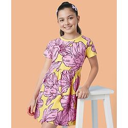 Pine Kids Cotton Knit Half Sleeves One Piece Frock with Floral Print - Multicolor