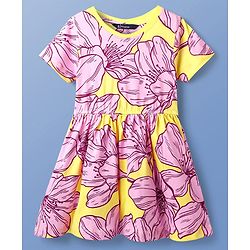 Pine Kids Cotton Knit Half Sleeves One Piece Frock with Floral Print - Multicolor