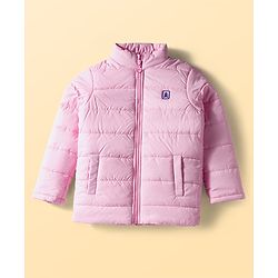 Pine Kids Woven Full Sleeves Front Open Quilted Jacket with High Neck - Baby Pink